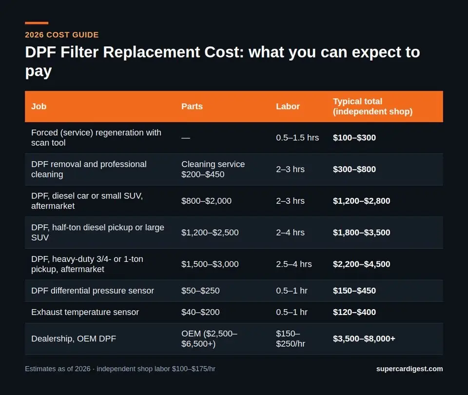 DPF Filter Replacement Cost at a glance: 2026 price ranges