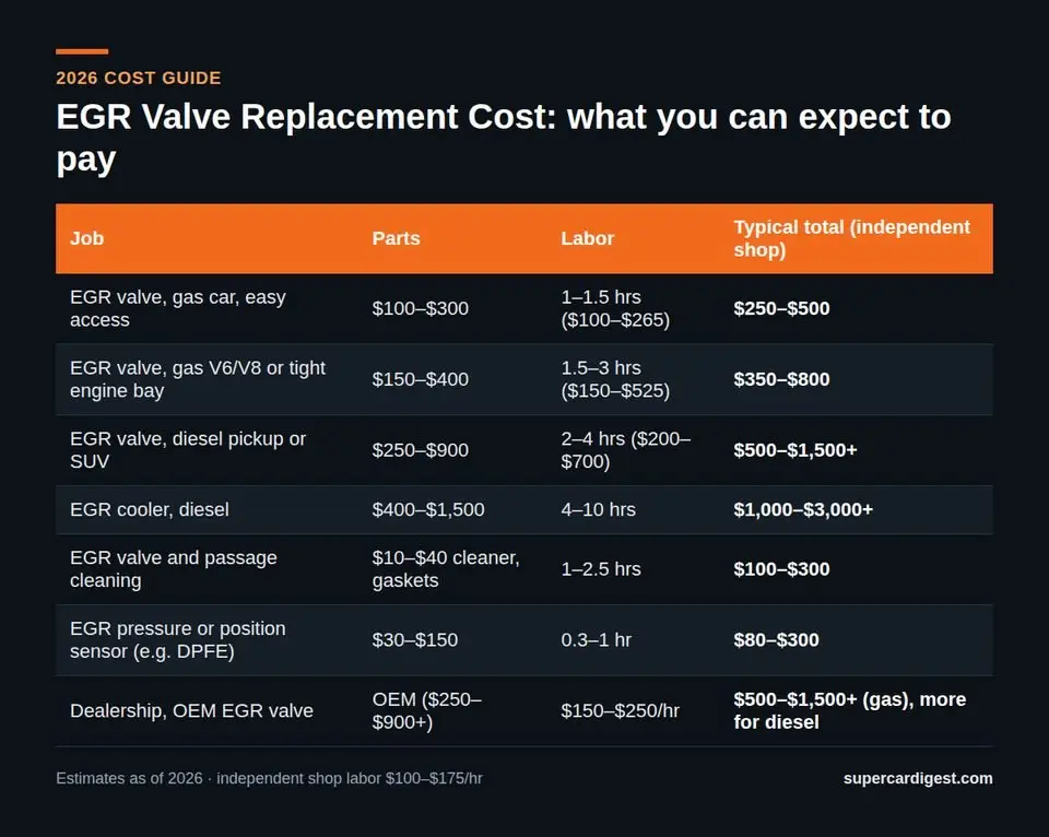 EGR Valve Replacement Cost at a glance: 2026 price ranges