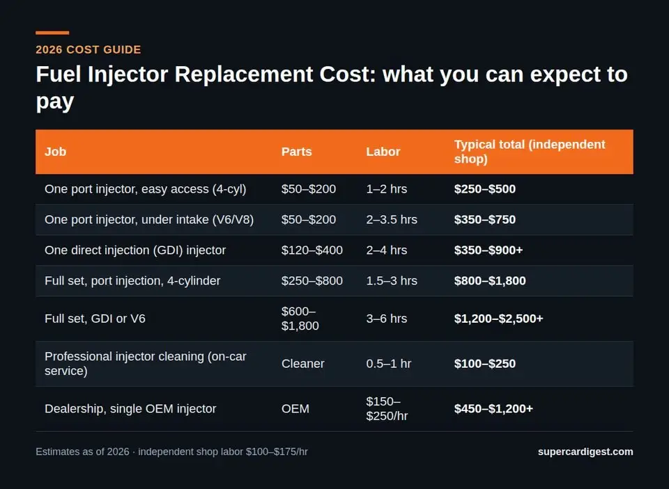Fuel Injector Replacement Cost at a glance: 2026 price ranges