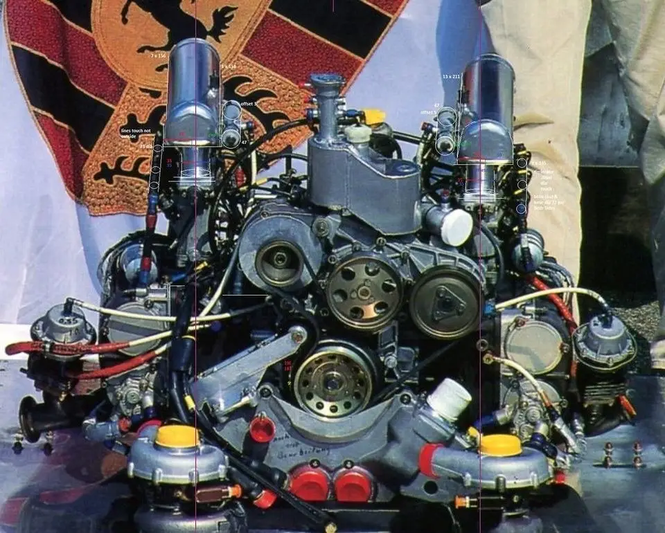 Engine components and fuel system parts on a work bench
