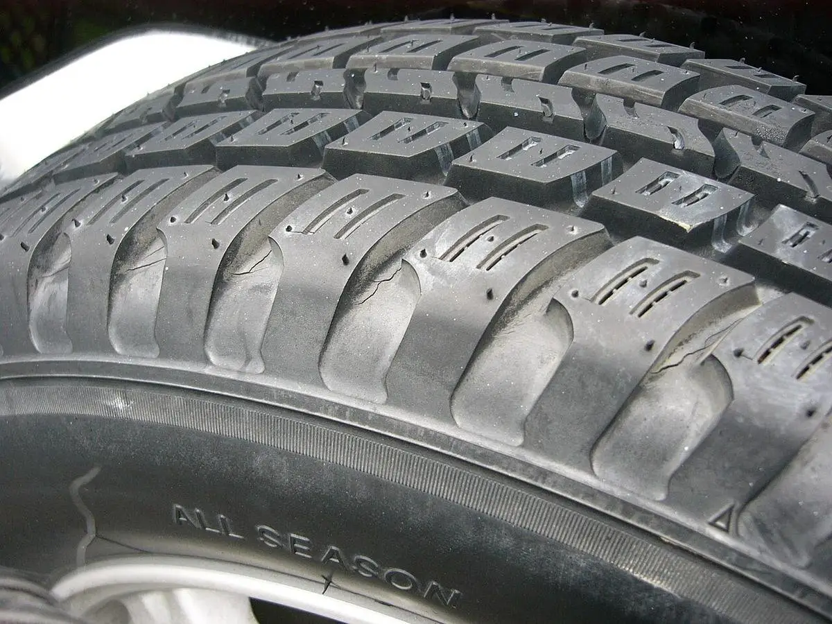 Close-up of an all-season tire tread and sidewall, a key item on a used car inspection checklist