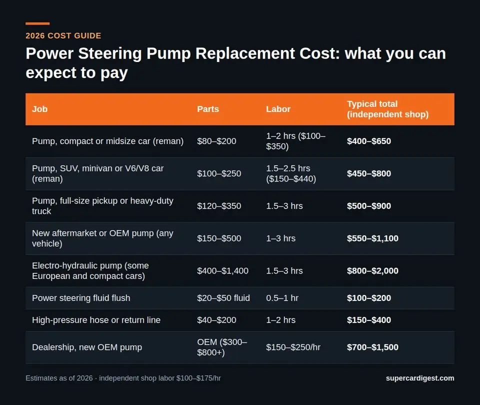 Power Steering Pump Replacement Cost at a glance: 2026 price ranges
