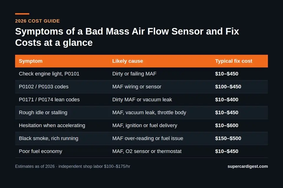 Symptoms of a Bad Mass Air Flow Sensor and Fix Costs at a glance: 2026 price ranges