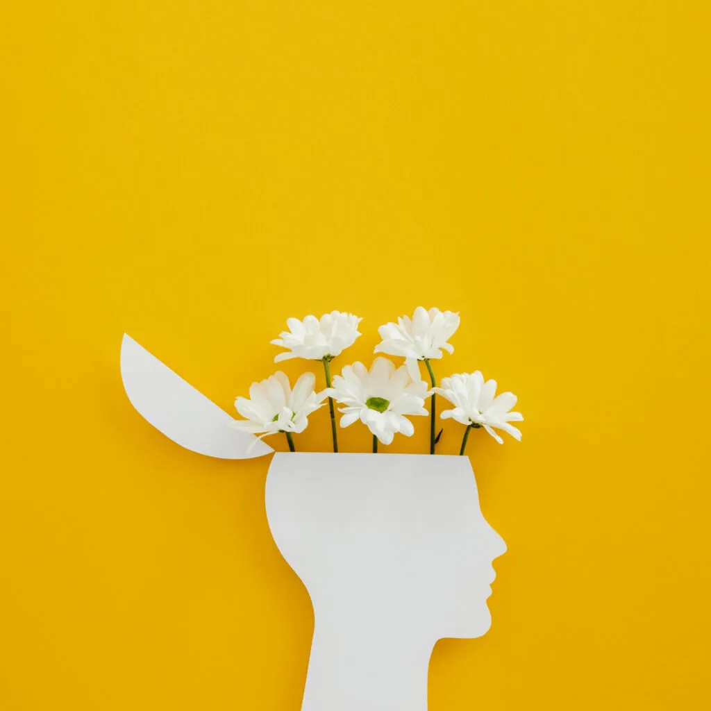 Ein Kopf mit Blumen darin auf gelbem Hintergrund, der Gesundheit ausstrahlt.