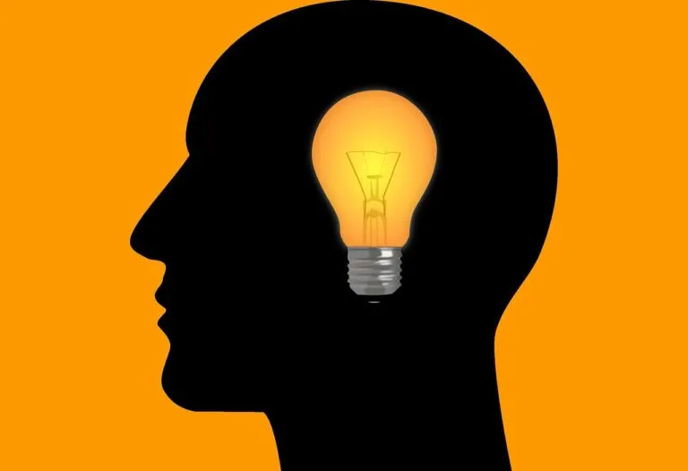 Silhouette eines menschlichen Kopfes im Profil mit einer glühenden Glühbirne im Inneren, vor einem orangefarbenen Hintergrund.