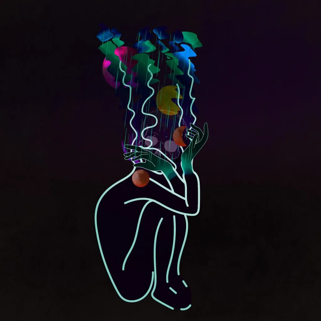 Die Neonumrisse einer knienden Figur, die ihren Kopf in den Händen hält, vermitteln die Last des Traumas; bunte Formen und Kugeln strömen von der Stelle, an der sich ihr Kopf befinden würde, nach oben, vor einem dunklen Hintergrund.