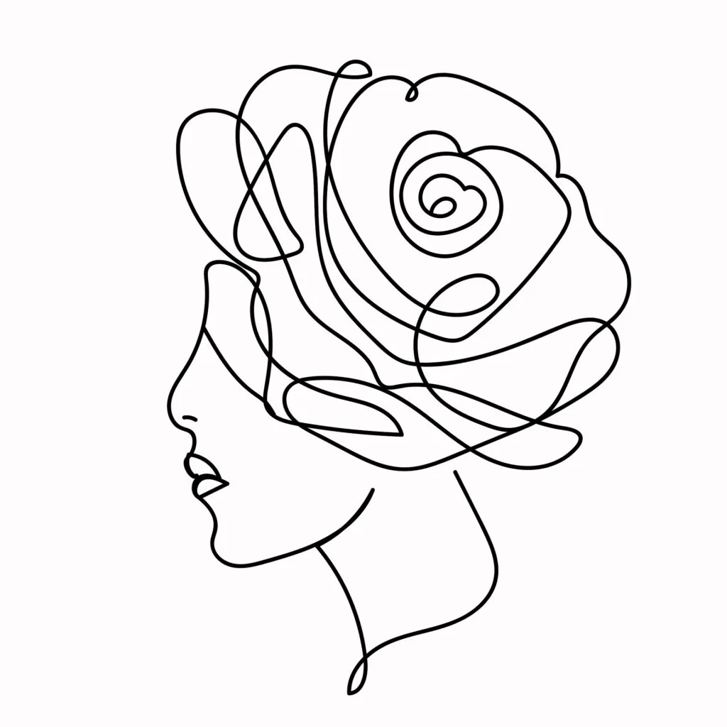 Zeichnung aus durchgehenden Linien, die das Seitenprofil einer Frau mit einer großen Rose im Haar zeigt und auf zarte Weise Widerstandsfähigkeit und Heilung angesichts eines Traumas auf weißem Hintergrund einfängt.