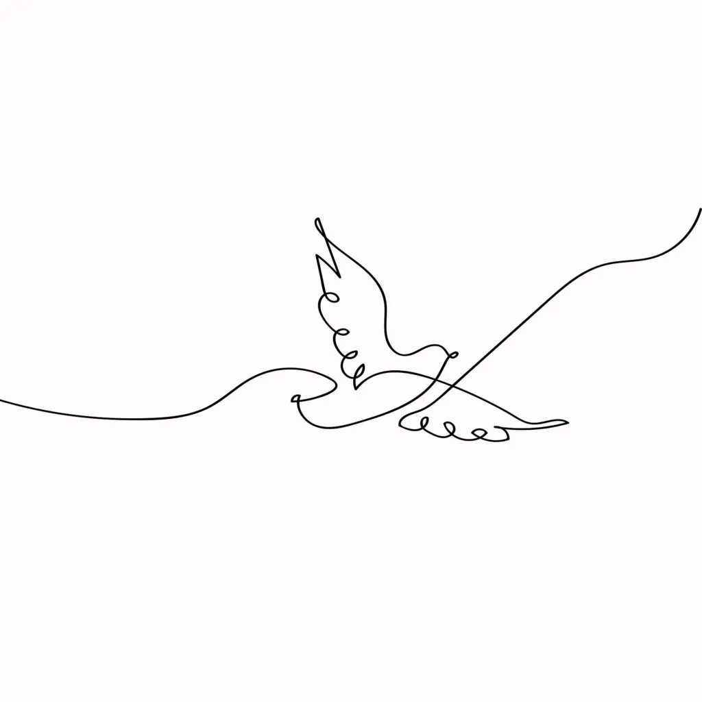 Eine aus einer einzigen durchgehenden Linie bestehende Zeichnung eines Vogels im Flug vor weißem Hintergrund, die Widerstandsfähigkeit symbolisiert, während der Vogel über die Last des Traumas hinwegschwebt.