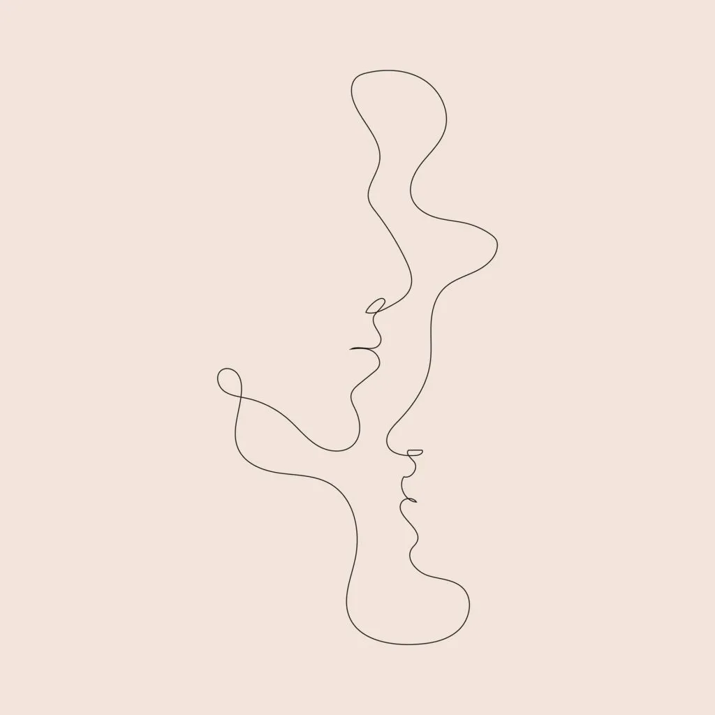 Minimalistische Ein-Strich-Zeichnung, die zwei abstrakte menschliche Gesichter im Profil zeigt, die einander zugewandt sind, vor einem hellbeigen Hintergrund – eine stimmungsvolle Komposition, die auf subtile Weise Themen wie Verbundenheit und Trauma thematisiert.