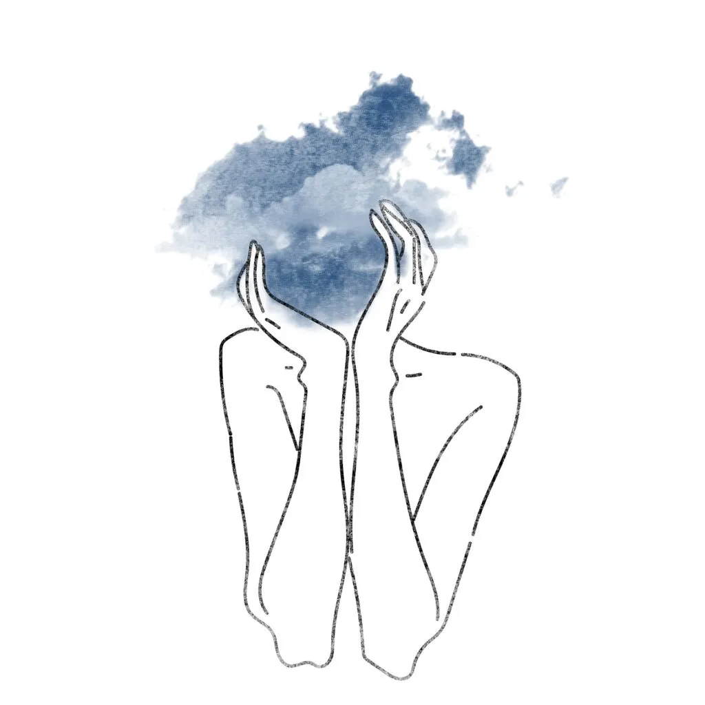 Minimalistische Strichzeichnung von zwei erhobenen Händen, über denen sich auf weißem Hintergrund eine aquarellblaue Wolke befindet, die das sanfte Loslassen und die Heilung von Traumata symbolisiert.