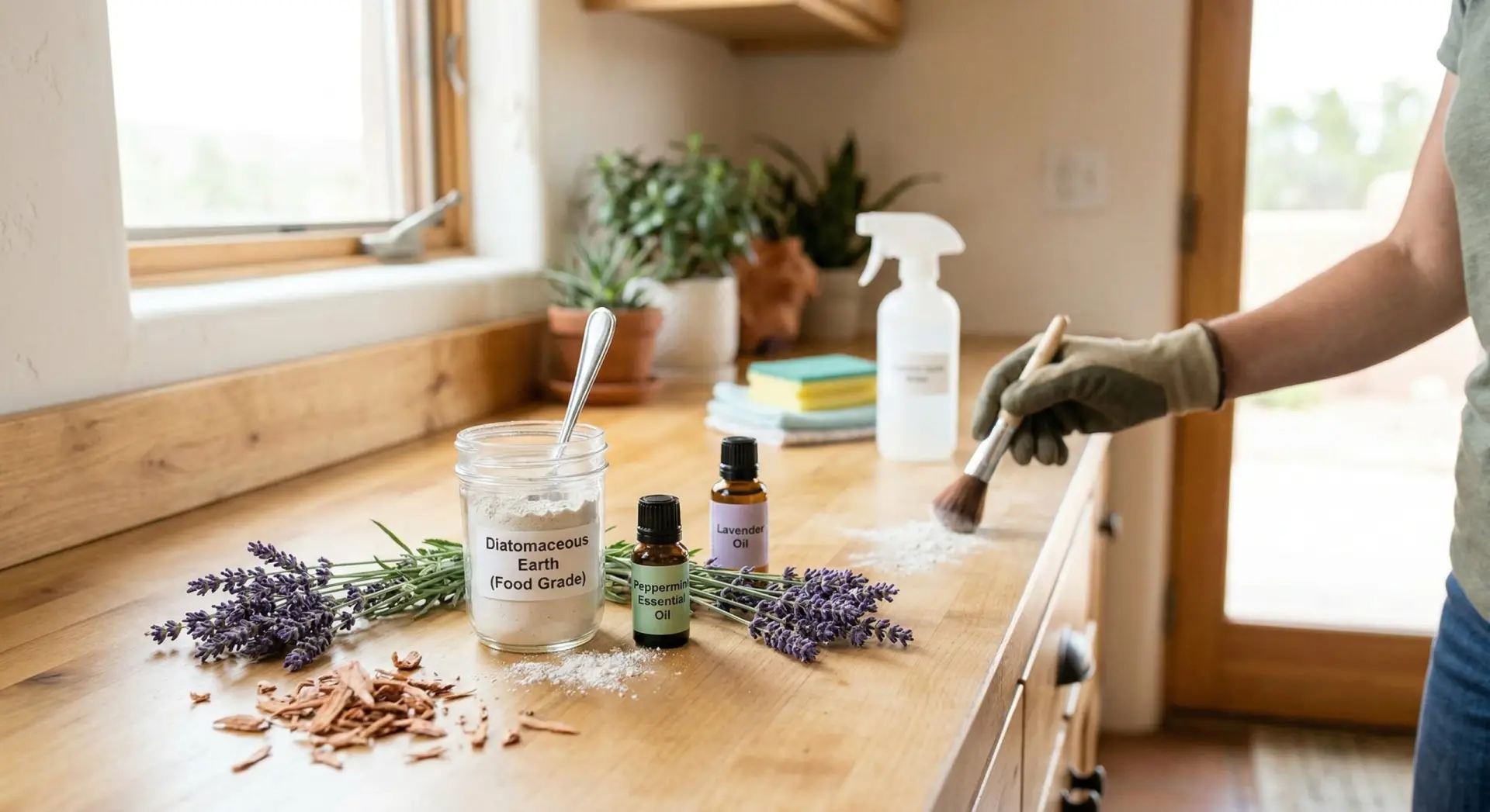 natural_home_remedies_pest_control_countertop A person wearing work gloves brushes powdered Diatomaceous Earth onto a rustic wooden countertop. The counter displays labeled jars and bottles of Peppermint Essential Oil and Lavender Oil, fresh lavender stalks, and cinnamon bark chips in a bright kitchen setting.