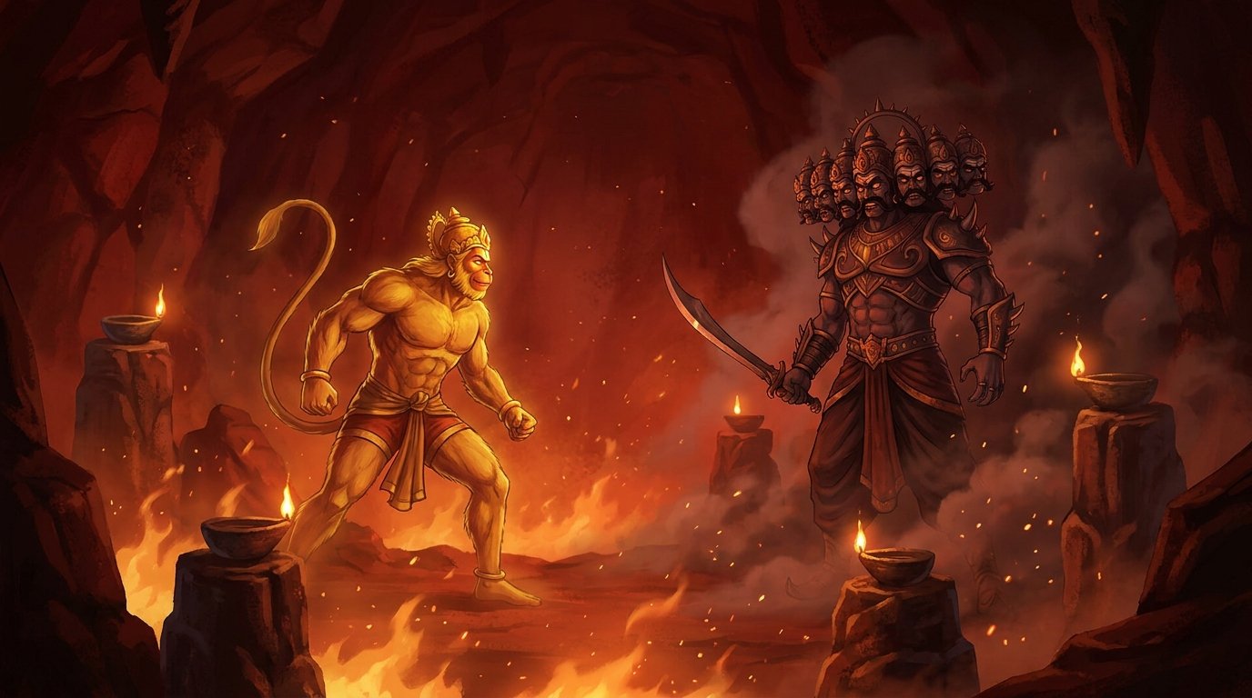 पंचमुखी हनुमान पाताल में अहिरावण का सामना करते हुए, पाँच दिशाओं में जलते पाँच दीपक — हनुमान अहिरावण की कहानी का चित्रण