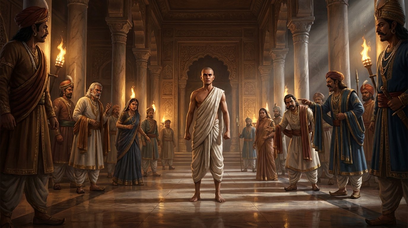 भरे नंद दरबार में अपमानित होते युवा चाणक्य — चाणक्य की कहानी का चित्रण