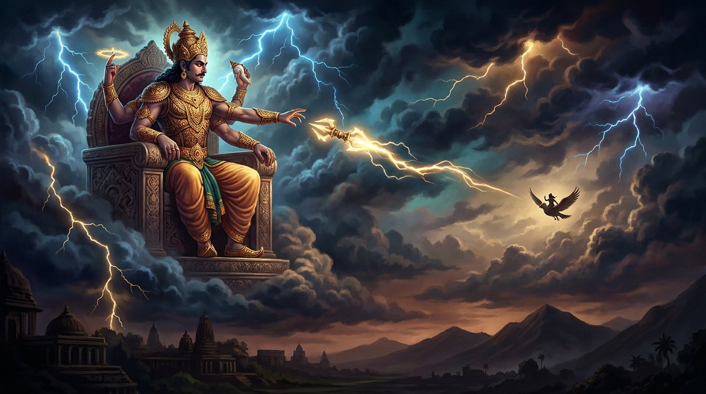 इंद्रदेव अपना वज्र बाल हनुमान पर चलाते हुए, तीनों लोकों में अंधकार — हनुमान जी की कहानी का चित्रण