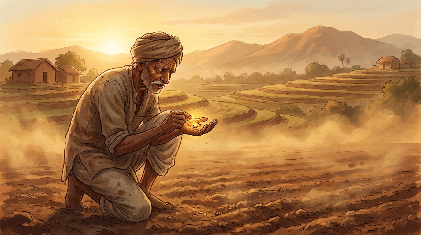 किसान मोहन सुबह अपने खेत में हथेली पर चमकता जादुई बीज लिए हुए — जादुई बीज की कहानी का चित्रण