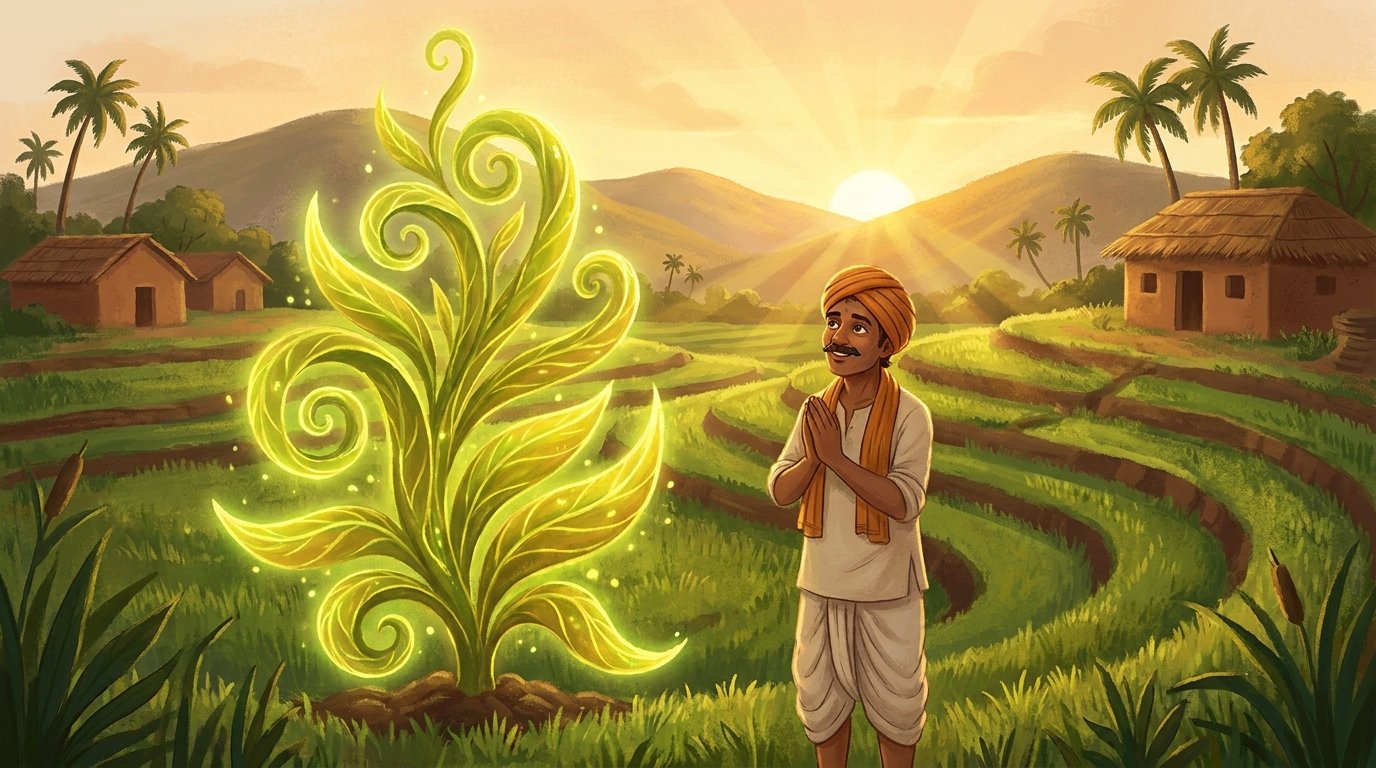 हरे-भरे खेत में सूरज की रोशनी में उगता चमकता जादुई पौधा — जादुई बीज की कहानी का चित्रण