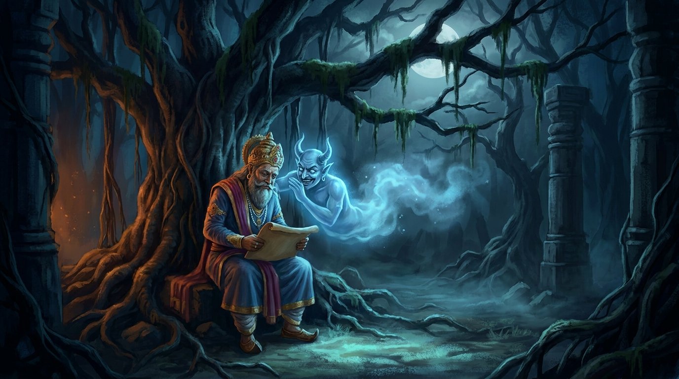चाँदनी रात में राजा विक्रमादित्य गंभीरता से बेताल की पहेली का हल सोचते हुए — विक्रम और बेताल की पहली कहानी का चित्रण