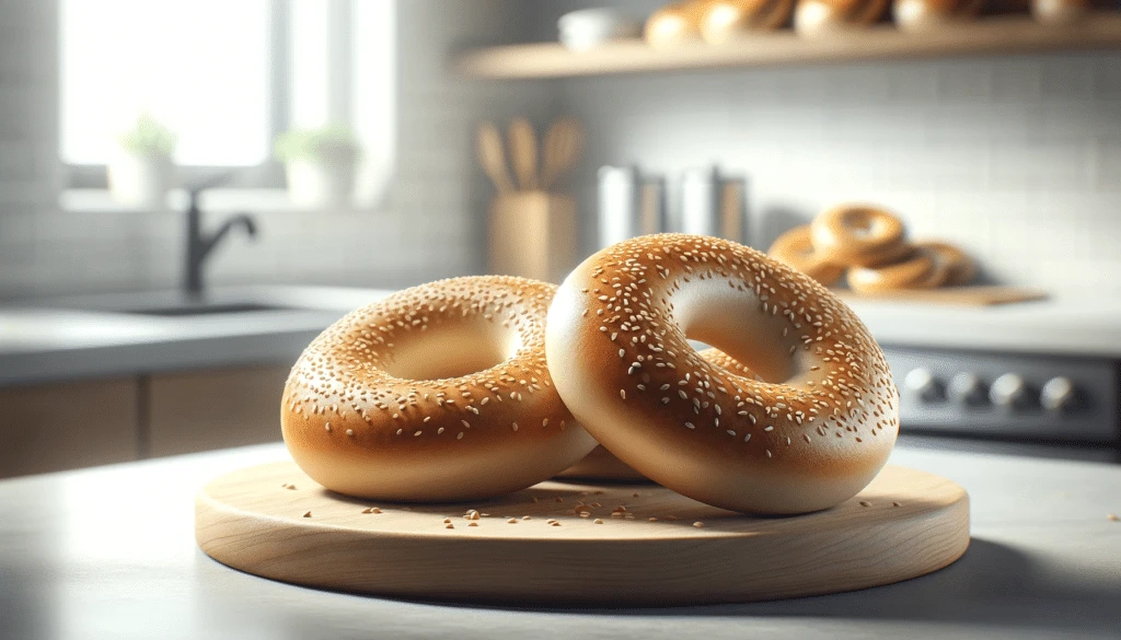 A close-up image of bagels situated in a modern kitchen setting.