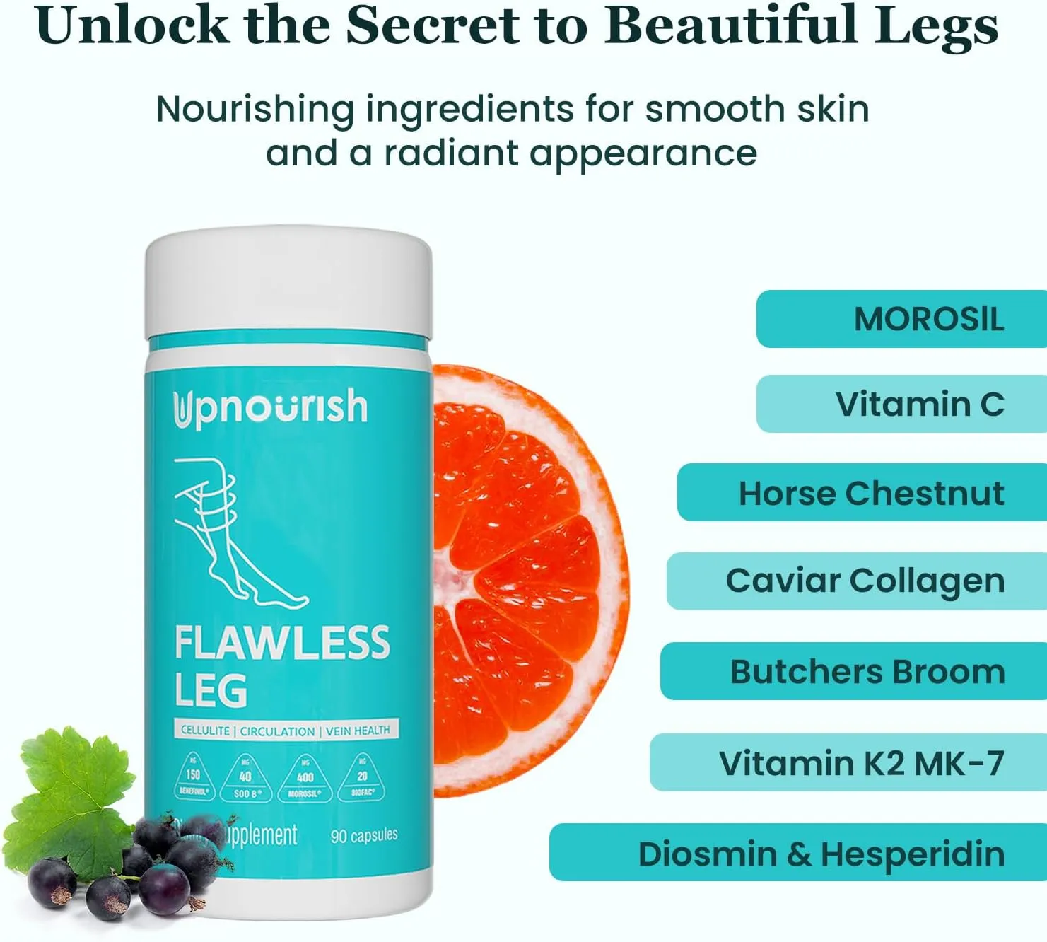 UpNourish Anti Cellulite and Varicose Veins Support, Restless Leg Relief, Leg Circulation Booster with Caviar Collagen, SOD, Butchers Broom & Horse Chestnut Capsules, 90 ct