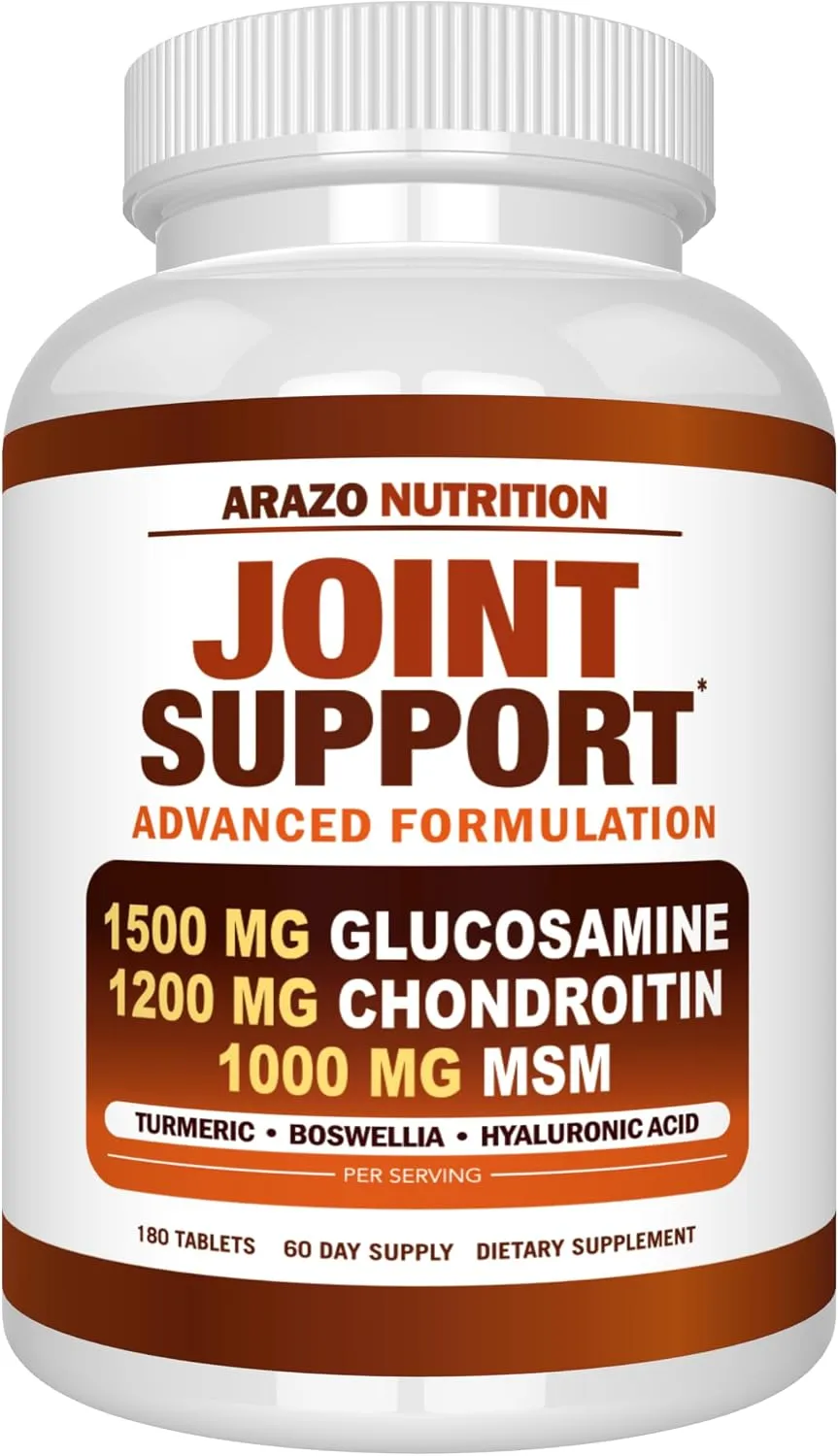 Arazo Nutrition Glucosamine Chondroitin Turmeric Msm Boswellia - Joint Support Supplement for Relief 180 Tablets for Bones, Back, Knees, Hands