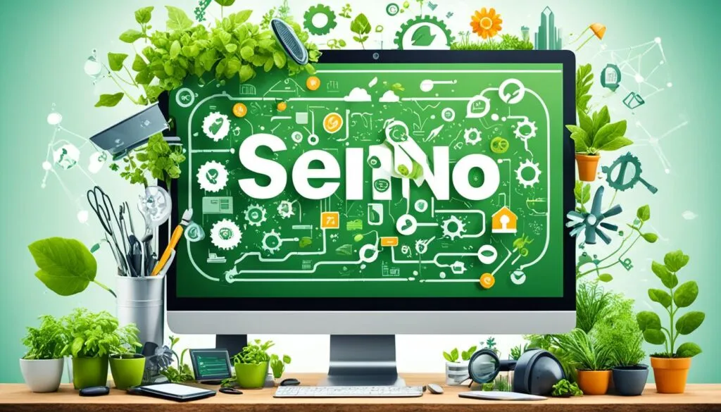 מסך מחשב עם המילה SEO ומסביבו צמחים ירוקים