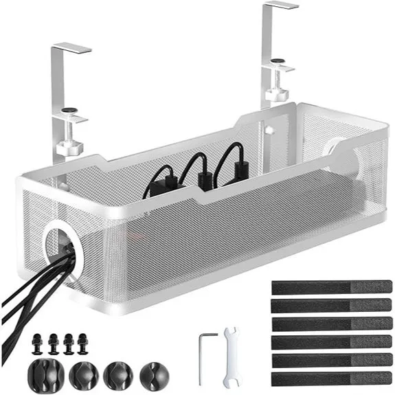 Under Desk Cable Management Tray with Clamp (White)