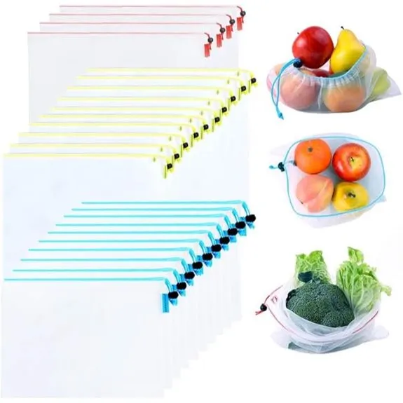 24-Pack Reusable Produce Bags Mesh See-Through Washable 3 Sizes