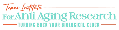 Logo for Texas Institute for Anti Aging Research, featuring the slogan "Turning Back Your Biological Clock" below in blue and orange text, highlighting their expertise in functional medicine.