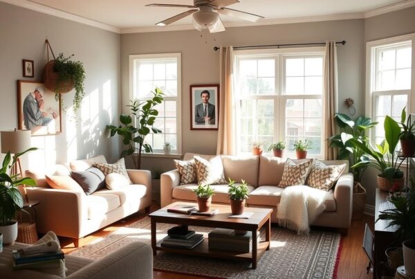 Bright, well-kept living room showcasing affordable home improvement & maintenance services with clean walls, organized decor, and natural lighting.