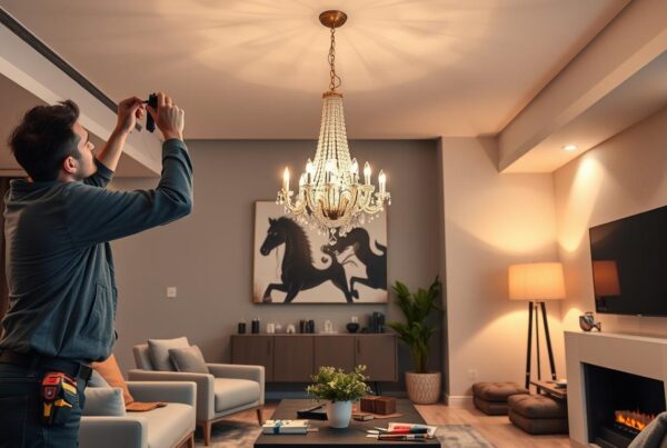 Electrician providing light fixture installation and repair services while working on a chandelier in a modern living room.