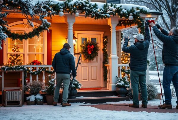 Residential Christmas decorators installing holiday lights and garlands on a snow-covered front porch with festive wreaths and decorations.