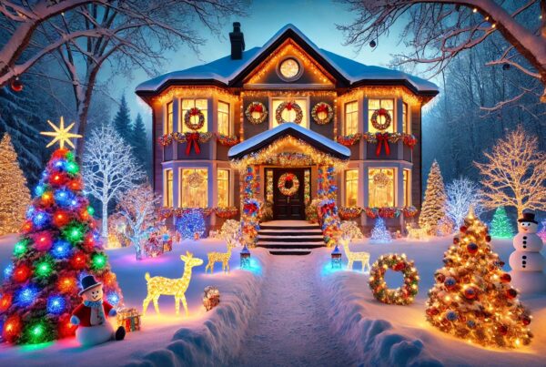Residential holiday light installation showcasing a home fully decorated with colorful Christmas lights, wreaths, and festive outdoor displays.