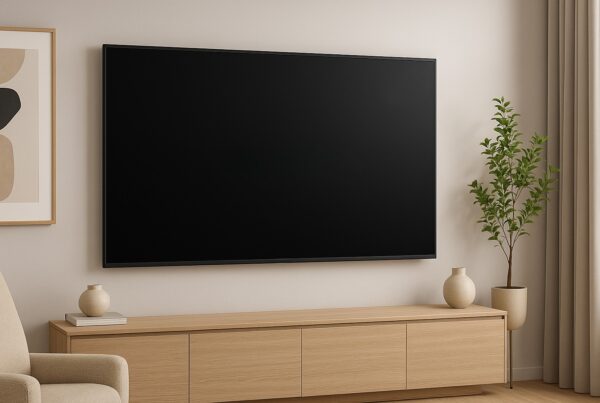 TV Mounting in Orlando a modern Orlando living room with a wall-mounted television above a wooden console, surrounded by minimalist decor.