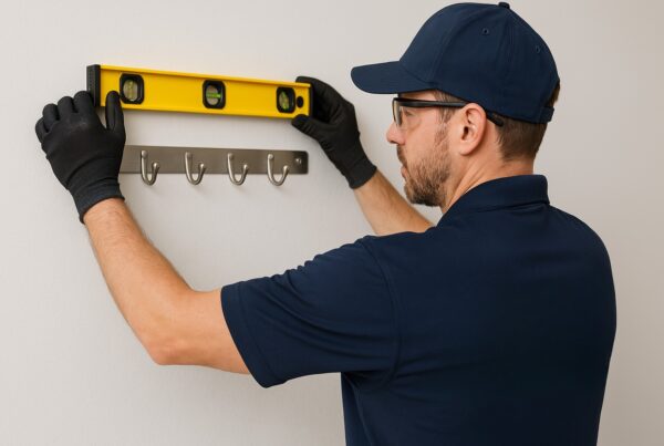 Technician aligning a metal coat rack with a yellow level during a hangers and racks mounting job.