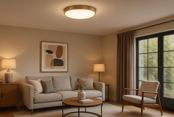 Flush-mounted ceiling light in a cozy living room showcasing professional light mounting services