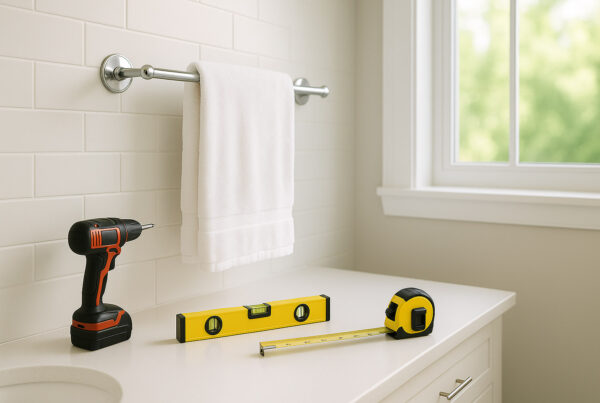 Towel bar mounting in a bright modern bathroom with tools on the vanity.