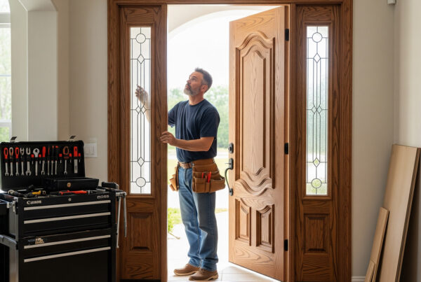 Handyman installing a wooden front entry door with decorative glass panels as part of interior and exterior door installation services.