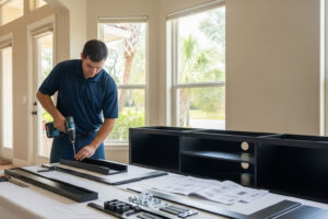 Local handyman for furniture assembly using power tools to build black shelving in a bright Florida home.