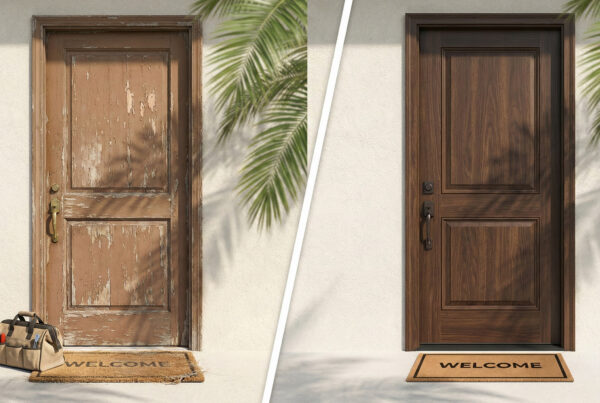 Front door repair vs. replace comparison by TJ Handyman Services in Orlando showing an old damaged door restored to a like-new finish.