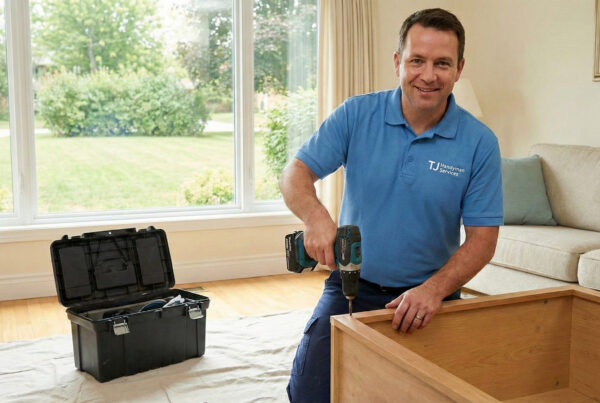 Local handyman to assemble furniture by TJ Handyman Services in Orlando assembling a wooden cabinet with professional tools in a home setting.