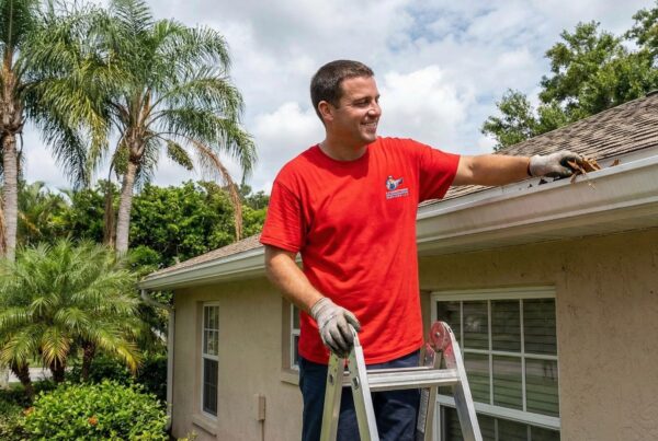 Spring home maintenance Orlando service by TJ Handyman Services cleaning gutters and inspecting the roof of a Florida home.