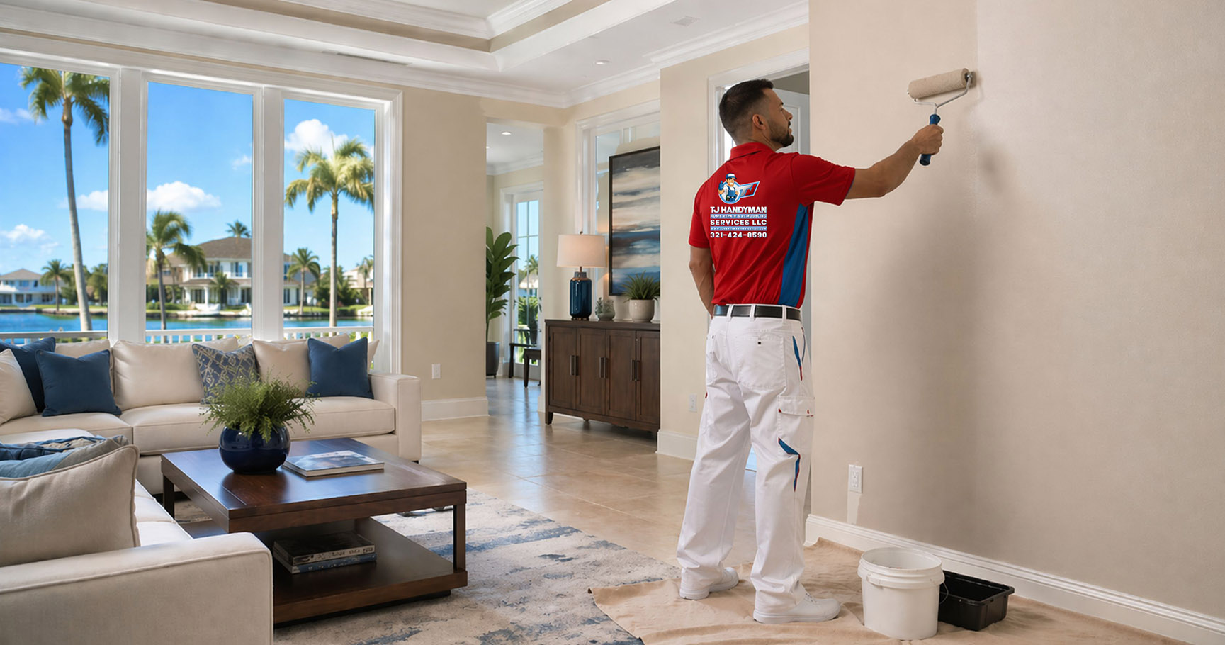 What is the best time of year to paint your house interior in Orlando by TJ Handyman Services, a professional painter applying interior wall paint in a bright Orlando home.