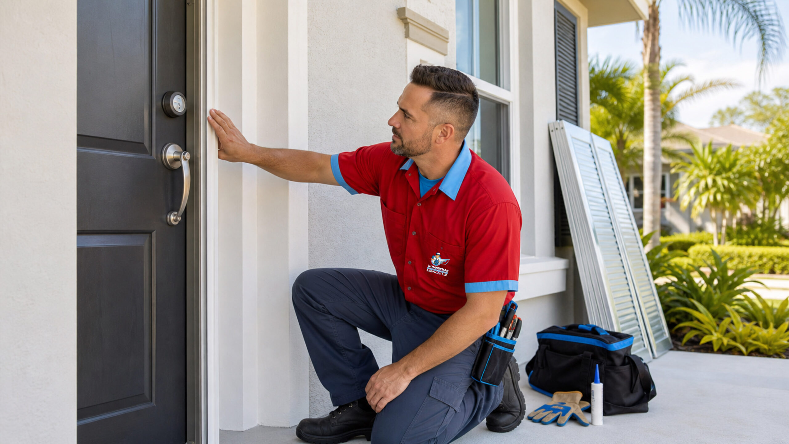 How to prep your house for hurricane season in Florida by TJ Handyman Services – handyman inspecting a front door and exterior entry area for storm-season preparation.