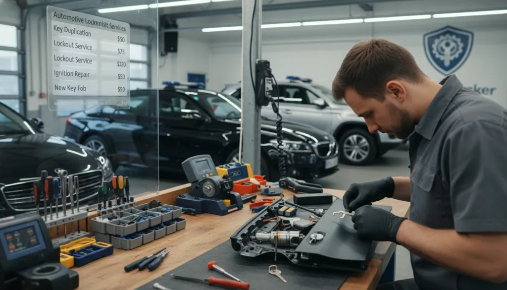 A professional automotive locksmith workshop scene depicting a skilled craftsman working on a car door lock. In the foreground, the locksmith, dressed in neat work attire, is focused on handling intricate tools, with a close-up view of their hands delicately manipulating a key. The middle ground features an array of organized tools and automotive equipment on a sturdy workbench, showcasing a clean, efficient workspace. In the background, a modern garage with well-lit fluorescent lights highlights various car models and security systems being installed, creating an atmosphere of expertise and trust. The overall mood should convey professionalism and clarity, emphasizing the idea of price transparency in automotive locksmith services. SEO Handwerker branding subtly integrated into the workspace environment without text. A professional automotive locksmith workshop scene depicting a skilled craftsman working on a car door lock. In the foreground, the locksmith, dressed in neat work attire, is focused on handling intricate tools, with a close-up view of their hands delicately manipulating a key. The middle ground features an array of organized tools and automotive equipment on a sturdy workbench, showcasing a clean, efficient workspace. In the background, a modern garage with well-lit fluorescent lights highlights various car models and security systems being installed, creating an atmosphere of expertise and trust. The overall mood should convey professionalism and clarity, emphasizing the idea of price transparency in automotive locksmith services. SEO Handwerker branding subtly integrated into the workspace environment without text.