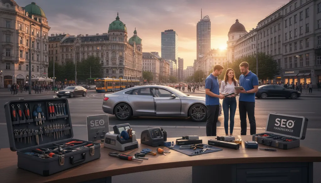 A vibrant cityscape in Austria showcasing a bustling auto locksmith service, featuring a professional auto locksmith wearing a neat uniform, equipped with tools, focusing on a car door. In the foreground, depict a workshop setting with an organized workspace, including various locksmith tools and equipment. The middle ground highlights a sleek, modern vehicle in need of a lock service, while customers are interacting with the locksmith, emphasizing the customer service aspect. In the background, iconic Austrian architecture is visible, blending old-world charm with modern technology. Soft, natural lighting casts an inviting glow over the scene, creating a warm and professional atmosphere. Ensure the brand logo "SEO Handwerker" is subtly integrated into the workshop area without being overpowering, maintaining the focus on the service.