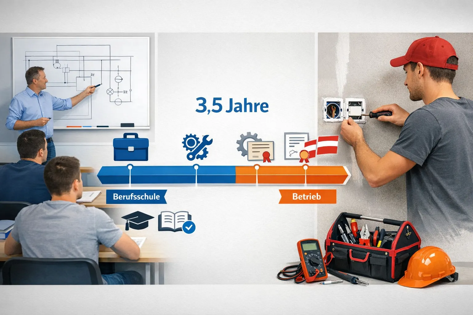 write no text on the images. Detailed landscape format (1536x1024) image showing structured comparison infographic of Austrian electrical ap