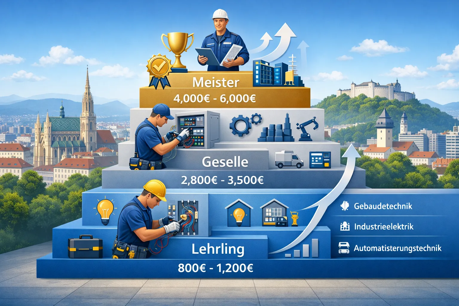write no text on the images. Detailed landscape format (1536x1024) image depicting career progression pathway for qualified electricians in