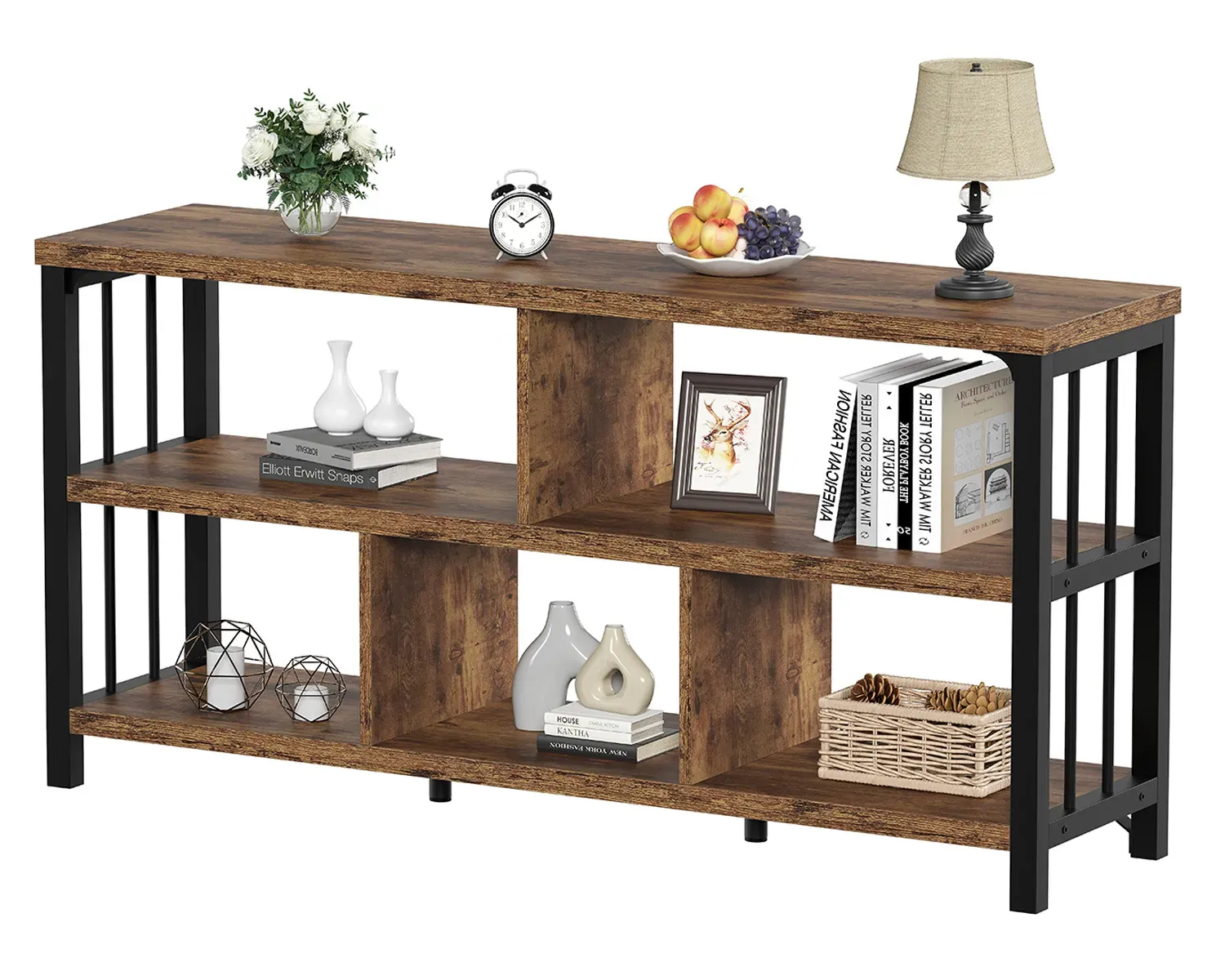 O fundo branco 1-1_result é uma estante de madeira e metal de três nÃveis, perfeito para necessidades ODM ou OEM, exibindo livros, itens de decoração, uma lâmpada, vasos, um relógio, uma cesta, e uma tigela de frutas.