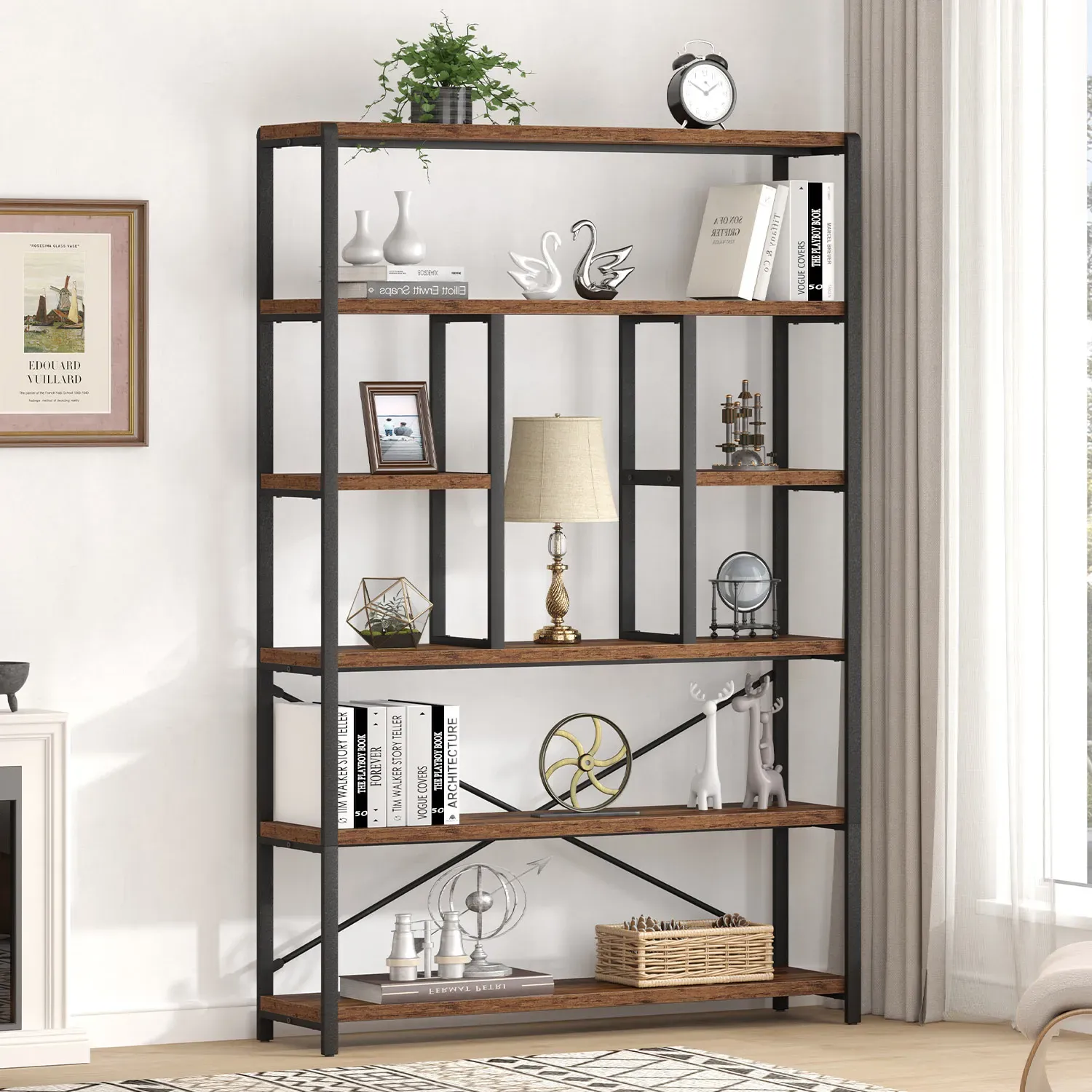 A estante de estante, decoração, iluminação, arte, e plantas contra uma parede branca - perfeita para a personalização OEM ou ODM para corresponder ao seu estilo exclusivo.