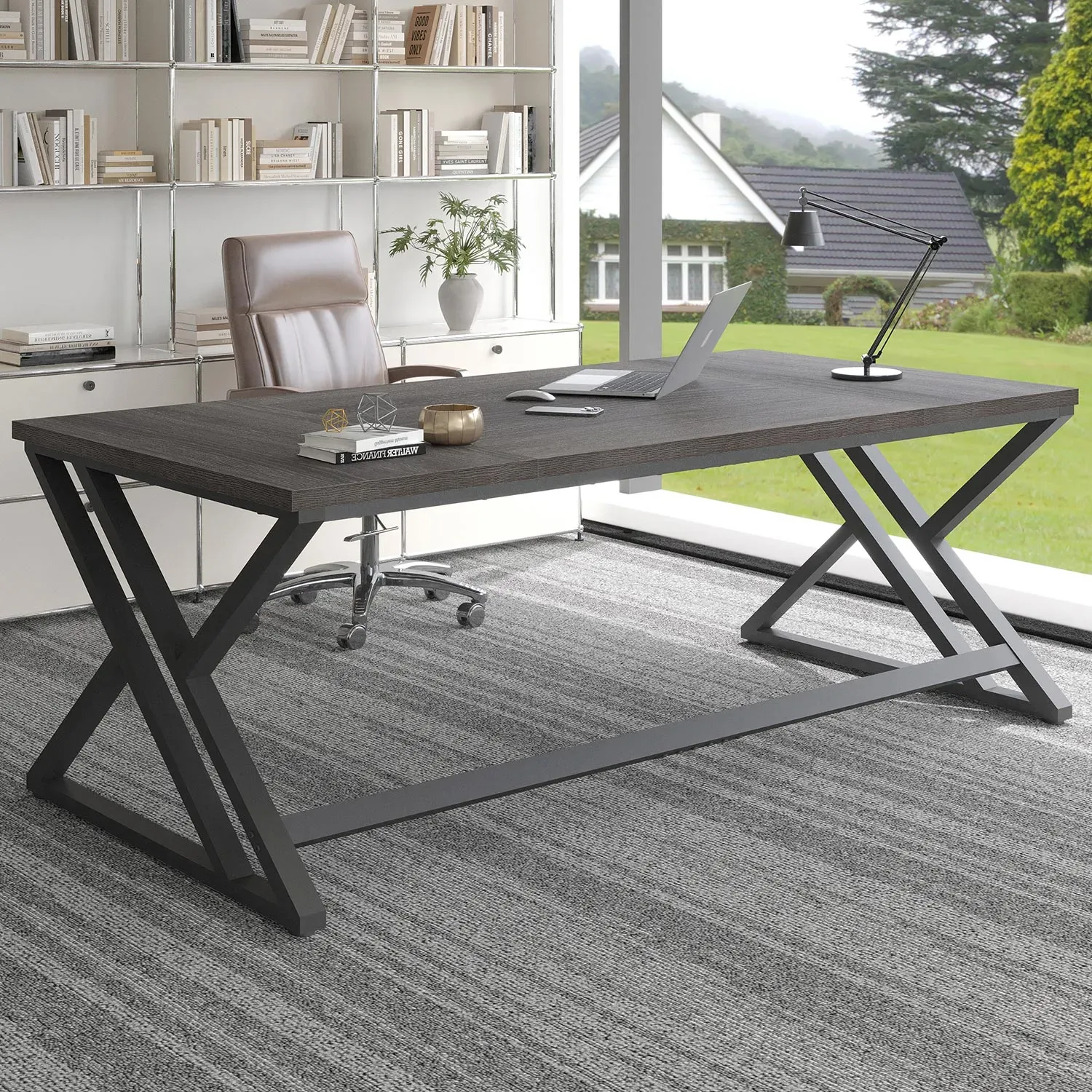 Lång y -formad bendator skrivbord, Mörkgrå ek 78.74 Inch_02